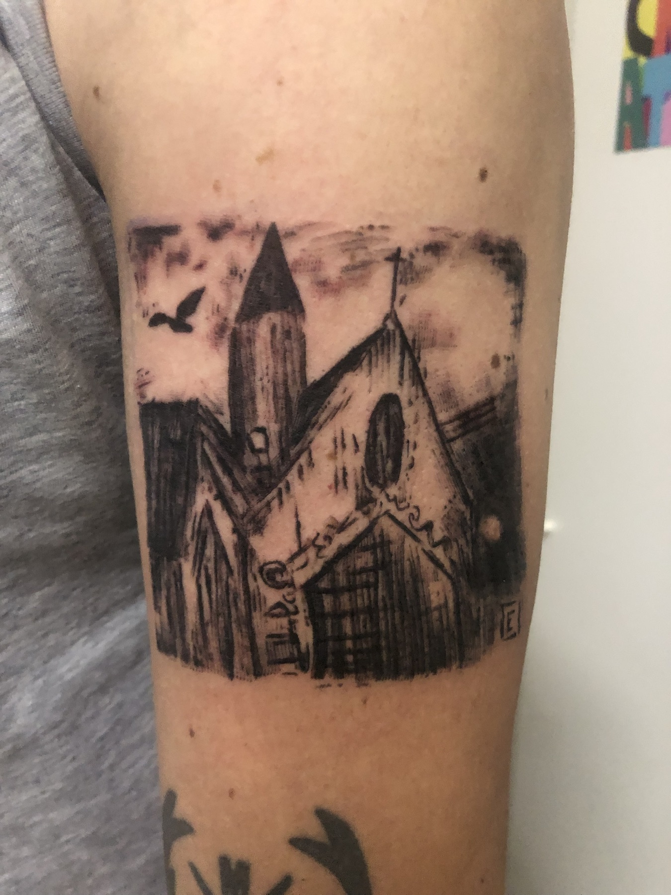 Blackwork church tattoo